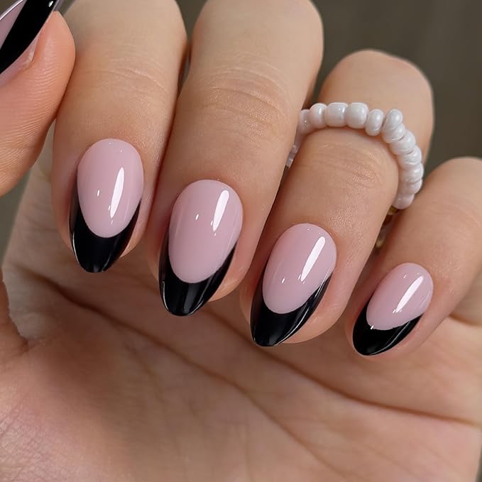 Curvlife Press On Nails Medium Almond Pink - Black Heart French Tip Press on Nails with Glue, Love Hearts Black Pink French Glossy Nude Fake Nails Long Lasting False Nail Tips for Women
