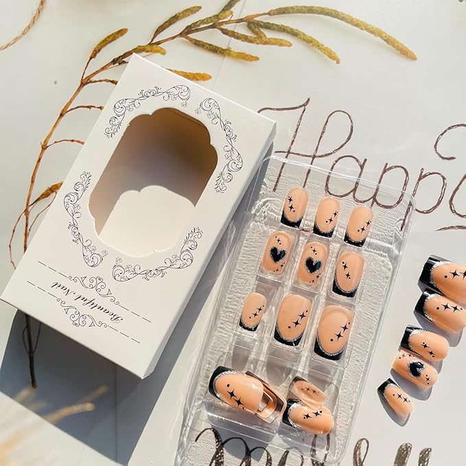 French Tip Press on Nails Short Square Valentines Fake Nails Heart Press ons Black Nails Tips Glue on Nails Glossy Full Cover Designs Stick on Nails Acrylic False Nails for Women Girls 24Pcs
