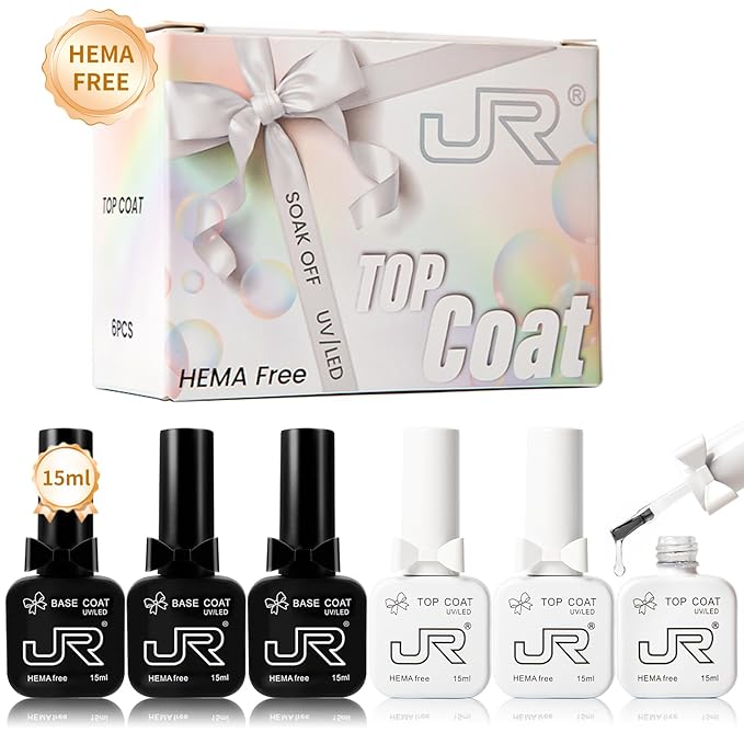 JR 6pcs 15ML HEMA&TPO Free No Wipe Gel Top &Base Coat Set Glossy Soak Off Clear Quick Dry High Glossy Shiny No Chip Long Lasting Air Dry Top Coat for Nail Art Manicure Professional Nail Salon
