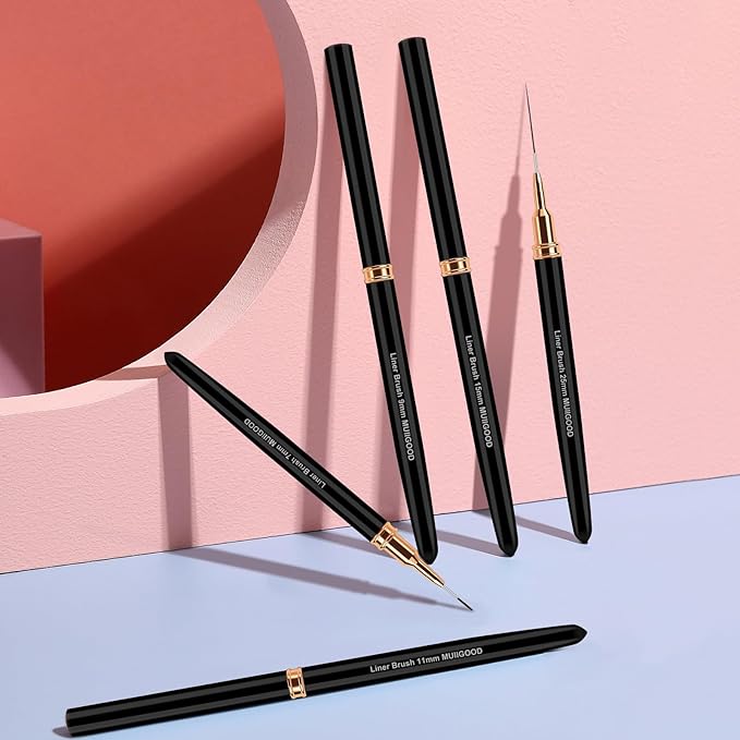 Nail Art Liner Brushes, 5Pcs Liner Brush For Nails, Painting Nail Art Brush Set Dotting Drawing Tool for Long Lines, Thin Details, UV Gel Polish Painting, Fine Drawing 7/9/11/15/25mm(Black)