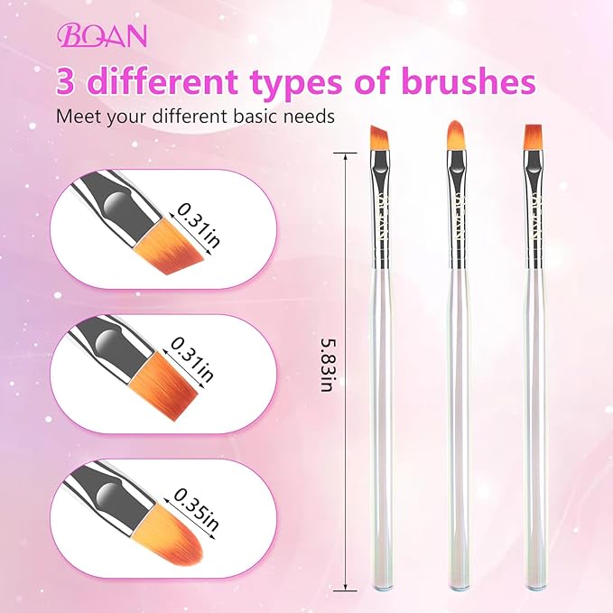 BQAN Nail Art Clean Up Brushes,3PCS Flat/Oval/Fine Angled Gel Nails Brush for Cleaning Polish Mistakes on the Cuticles, Nail Art Tools for Nails Design Painting and DIY (Clear)