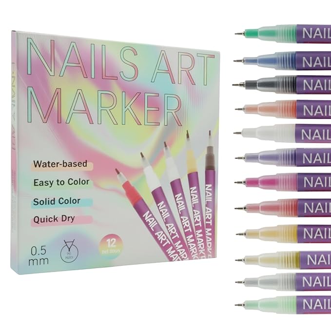 12 Colors Nail Art Pens Set with Fine 0.5mm Tips, Quick Dry Nail Polish Markers for DIY Home Salon Manicure, Professional Nail Art Tools Kit for Adult Beginners and Nail Technicians