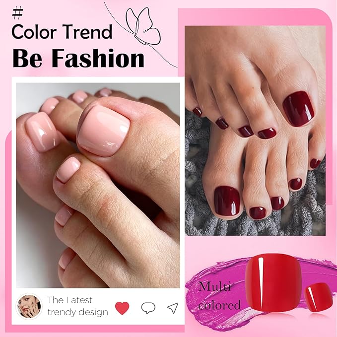 LoveOurHome Colored Press on Toenails Short Square Fake Toe Nails Tips Glossy Full Cover Artificial False Toenail French Pedicure Decor 24 Colors for Women Teen Girls