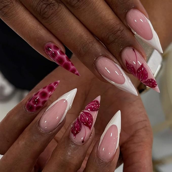 Long Press on Nails Almond Fake Nails Pink Artificial Nail Seeneey 3D Flowers Designs Tortoise Shell Stick on Nail for Women 24pcs