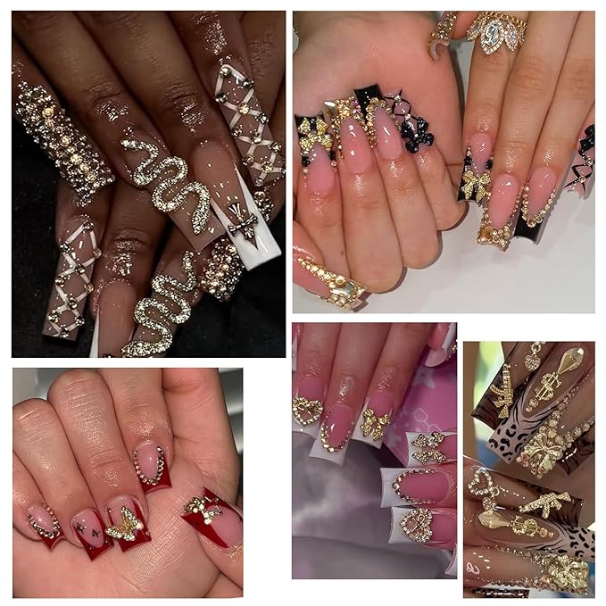 40Pcs Gold Nail Charms Nail Art Rhinestone Gems 3D Sparkling Nails Jewelry for Acrylic Nail Tips Accessories for Women DIY Nail Decorations