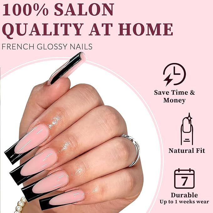 120PC Black French Tip Press on Nails Long Fake Nails Press ons with 5*Adhesive Tabs, Pink Square Acrylic Nail Press on Nail French Tip Nails False Artificial Fingernails Stick on Nails-C