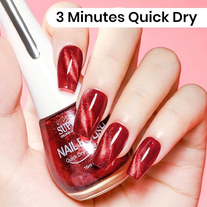 Burgundy Cat Eye Nail Polish Non Gel, Quick Dry Magnetic Nail Polish for Fingernail Air Drying Fast Lacquer, Chip Resistant, Vegan, Fast Drying, Long Lasting16ml/0.54fl oz