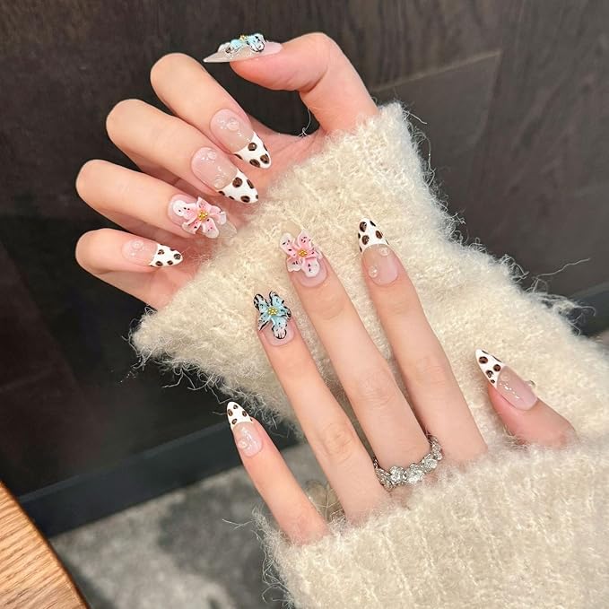 Handmade Press on Nails French Leopard Press on Nails Medium Almond Fake Nails 3D Blue Flower Embossed False Nails Designs Full Cover Acrylic Nails for Women Girls DIY Manicure Decorations (Size S)