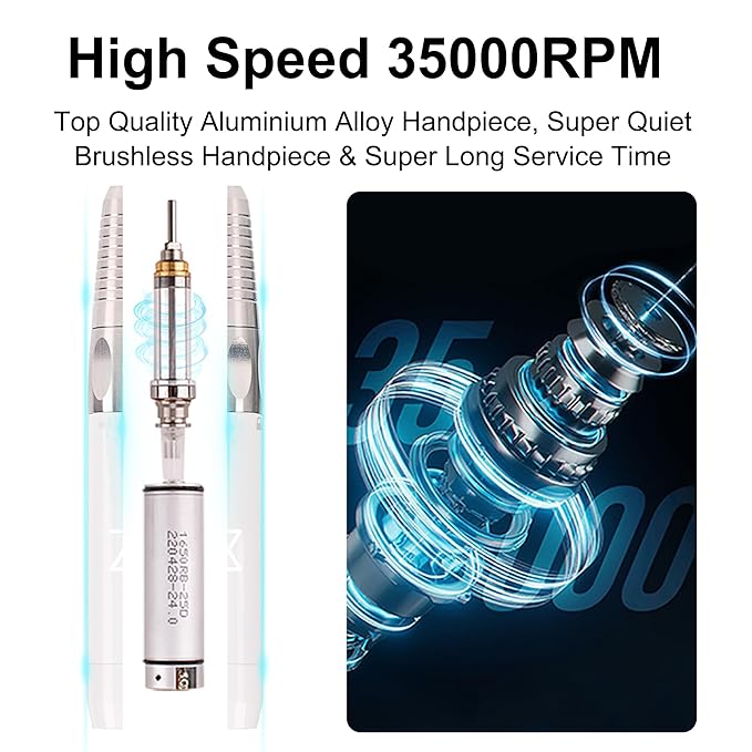 M - Max Brushless Motor Nail Drill Handpiece Only - 35K RPM | Machine Not Included | Compatible with M Brushless Nail Drill System (Handpiece - White)