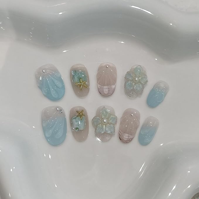 Blue French Tips Press on Nails Short Oval,Isle Blue Gradient & Hand-Sculpted Conch Relief False Nails,Ocean Whisper Fake Nails Kit,Glossy Cute Artisan Coastal Zen Nail Art with Tools 10pcs(L)
