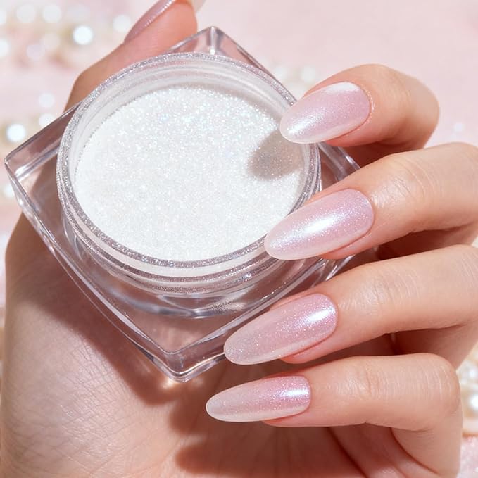 2 Jars White Pearl Chrome Nail Powder, Iridescent Aurora Chrome Powder Metallic Mirror Effect, Pearlescent Mermaid Dip Powder Nail Art Decoration,Chrome Powder for Nails, Resin Craft, 6g