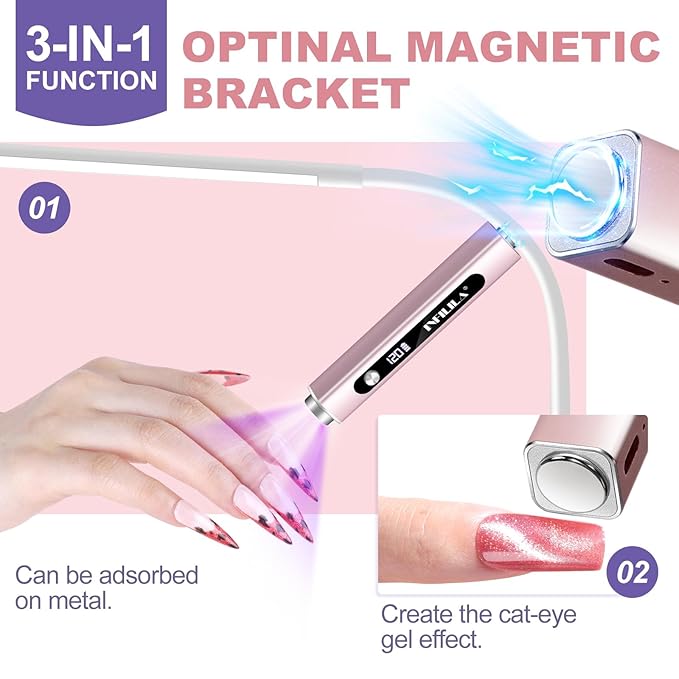 NXJ INFILILA Multi-Functional Handheld UV Light for Gel Nails with Cat Eye Magnet - Portable Flash Cure Nail Lamp for French Manicures, Detail Work, Type-C Cordless for Travel & Home Use(Pink)