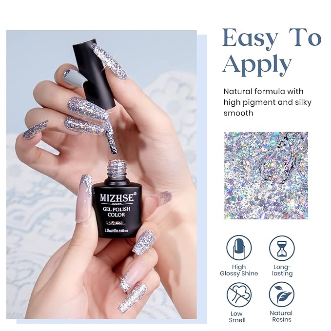 MIZHSE Silver Glitter Gel Polish, Sparkly Shiny Diamond Shimmer Soak off UV LED Gel Nail Polish for Nail Art Salon Home DIY Manicure 10ml