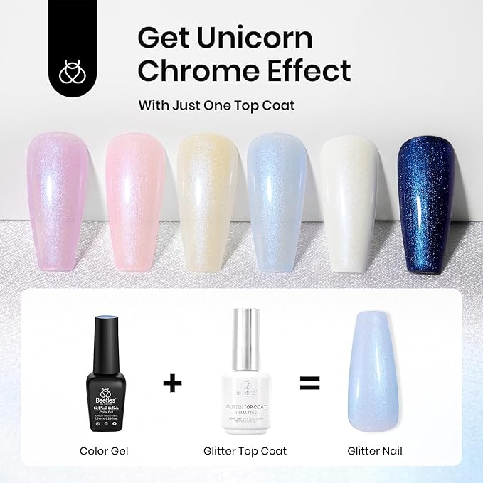 Beetles 15ml Hema Free Glitter Top Coat Gel Polish, Shimmer-Like Gel Nail Polish No Wipe Top Coat Sparkly Long Lasting, Soak Off U V LED Pearl Finish Nail Art Manicure Gifts for Women