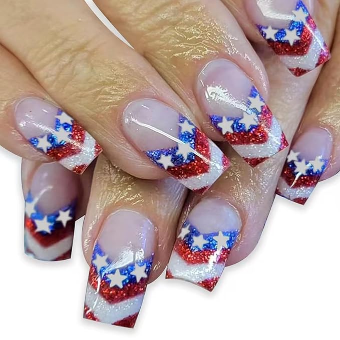 Independence Day Press on Nails Medium Square False Nails with Red Blue American Flag French Tips Design White Star Fake Nails Glossy Glitter 4th of July Glue on Nails for Women Girls Manicure 24Pcs