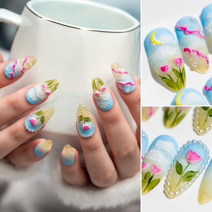 Sun&Beam Nails Handmade Medium Long Almond Blue White False Nail Tips with Cute 3D Flower Pearl Popular Charm Design Press On Nails 10 Pcs (#66 S)