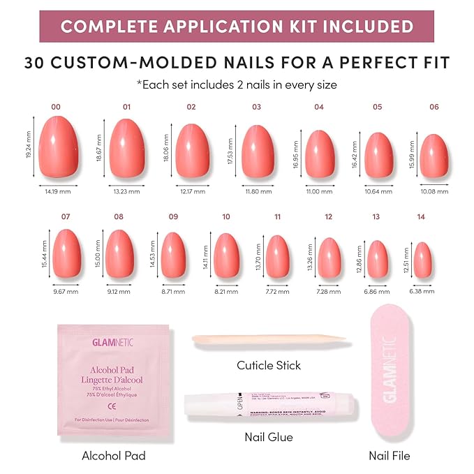 Valentines Day Glamnetic Press On Nails - Lush Coral | Short Oval Fake Nails in a Bright Coral Hue with a Glazed Finish, Salon Quality | 15 Sizes - 30 Nail Kit with Glue