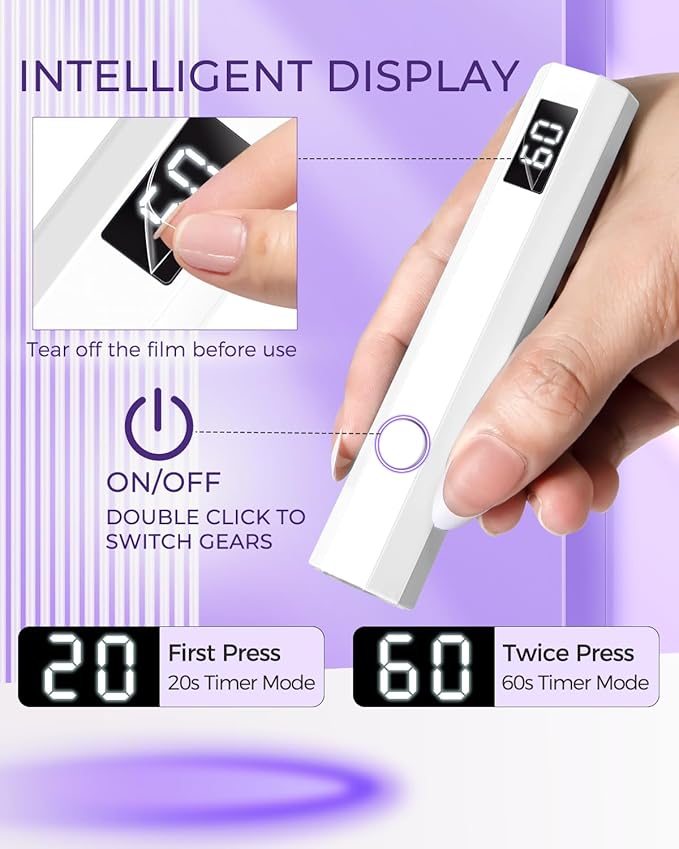 Mini UV Light for Nails Handheld Flash Cure Light 3w Portable Led Lamp with 2 Timer Settings 20/60s for Home DIY Salon Women Gel Polish (White)