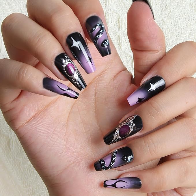 3D Gothic Black Starry Snake Motif 30pcs Medium Square Nails, Colorful Full Cover Artificial Stick on Nails Kit