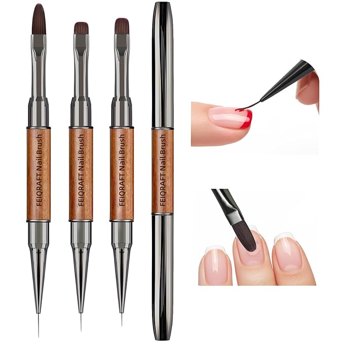 Dual-Head Acrylic Nail Art Brushes, 3Pcs French Manicure Brush Set with Flat, Square-Round & Angled Tips, DIY Nail Tools for Acrylic & Gel Polish, Wooden Handle with Metal Caps