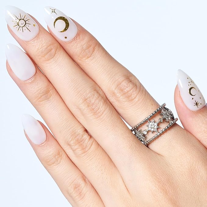 GLAMERMAID White Press On Nails Short Almond, 3D Gothic Handmade Soft Jelly Gel Fake Nails with Golden Star Blossom Design, Round Oval Stick Glue on Nail Kit for Women, Reusable Acrylic False Nail Set