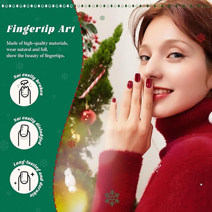 Christmas Press on Nails Short Square Set, 150pcs Jelly Glass Mirror Chrome Cat Eye Nails, Shimmer Snow White Glitter Cherry Red Ruby Holographic Elk Brown Sparkle Green Nails with Stickers