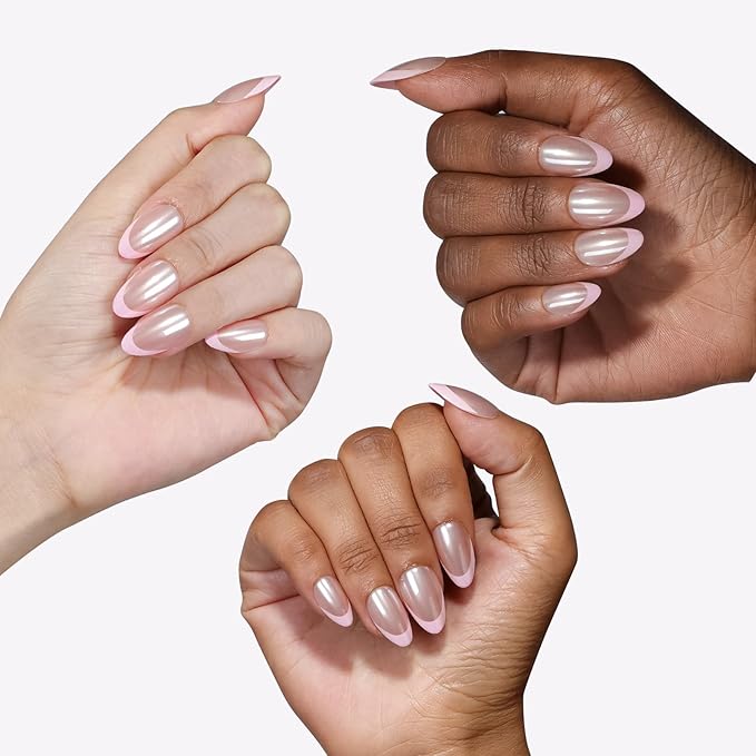 16 Size Chrome White French Tip Almond Press On Nails,32 Pcs Salon Quality Glossy Short Glue on Gel Nails (Pink on Pink French Tip)