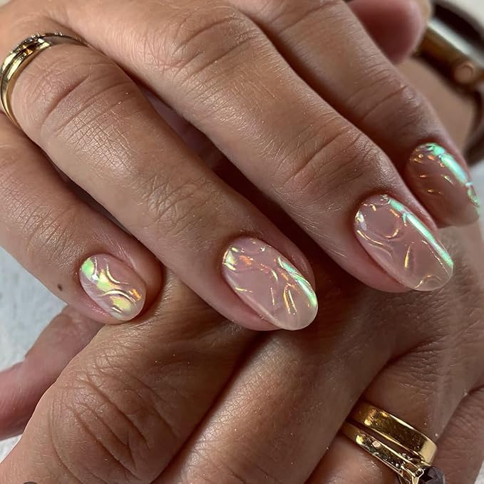 evpct Spring & Summer Glossy Press on Nails Short Oval, Aurora Glazed Fake Nails Press ons with 3D Pattern Design, Light Weight Perfectly Fit Nails for Women Gift, Fake Nail Kit with Kits Gel, 24Pcs