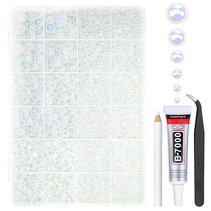 White AB Flatback Pearls w B7000 Jewelry Glue for Bedazzling Crafting 3/4/5/6/8/10mm Half Round Pearl Bedazzling Beads Gems Bedazzler Kit for Nails Face Eyes Makeup Tumblers Bottles DIY Crafts