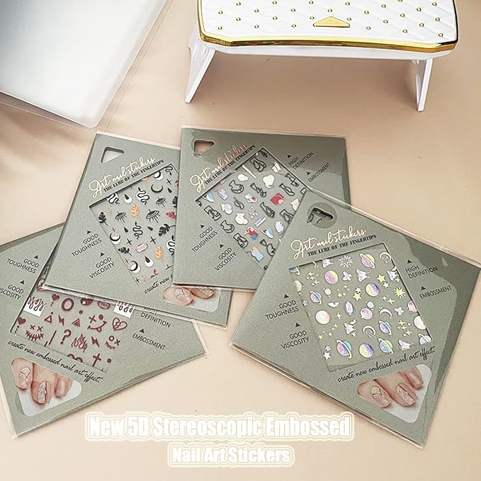 Nail Art Stickers New 5D Stereoscopic Embossed Self-Adhesive Nail Decals, Evil Eyes &Snake &Abstract Faces Hearts Nail Stickers for Nail Art Decoration Women Girls Gift (4 Sheets)
