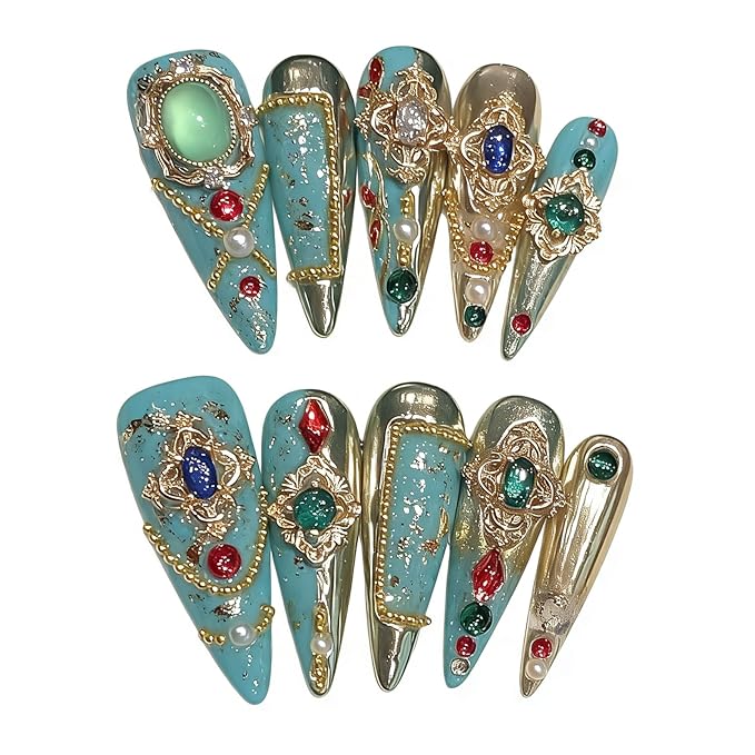 Handmade Press on Nails Stiletto Royal Style Luxurious Colored Gemstones with Full Diamond and Heavily Crafted Design Handmade Stiletto Press on Nails 3D Luxury Press on Nails(L)