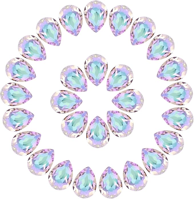 MECCANIXITY 48 Pcs 3D Teardrop Rhinestones Diamond Nail Charm Crystal Pointback K9 Glass Rhinestones Crystal Gems for Jewelry Making, Craft, 10x14mm, AB Purple