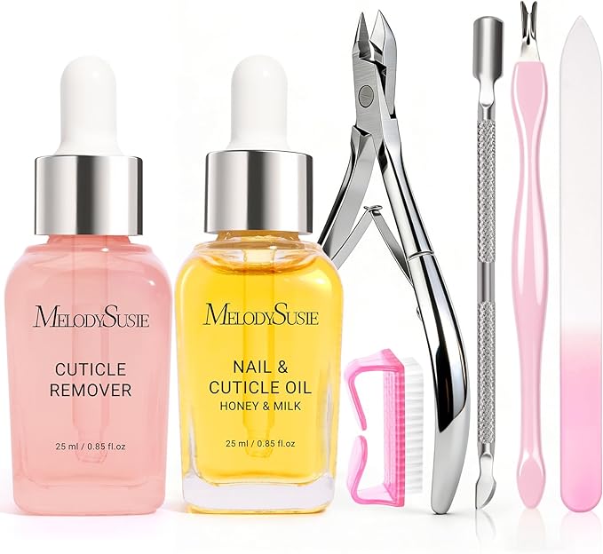 MelodySusie Cuticle Remover Kit,25ML Cuticle Remover Cream and Cuticle Oil,Cuticle Nipper Trimmer Pusher, Nail File and Brush for Cuticle Softener & Moisturize Manicure Kit for Nail Care