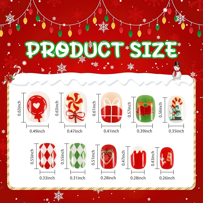 JANYUN 96 Pcs Christmas Candy Fake Nails, Press on Nails Pre-glue Full Cover Fake Nail Tips Short False Nails Art Nails Gifts