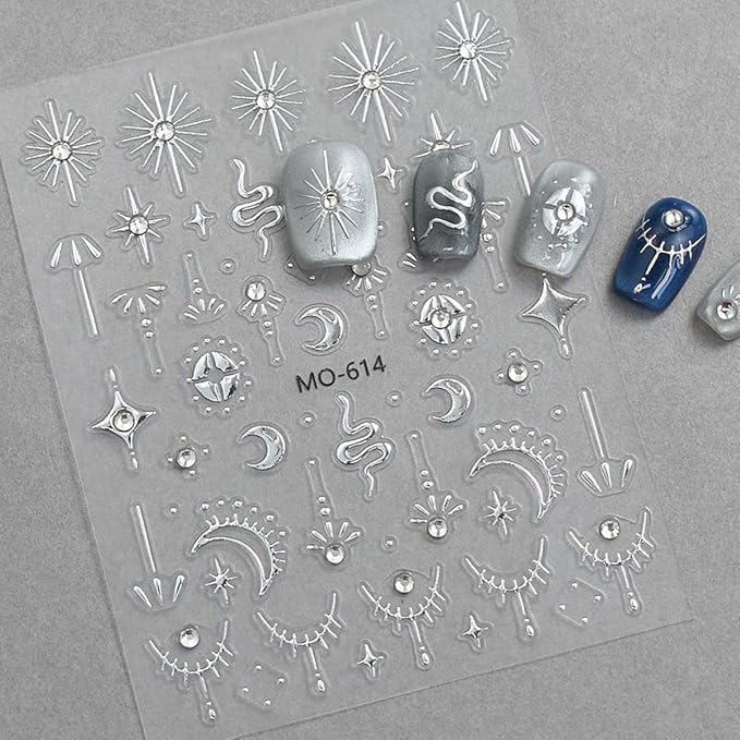 4 Sheets Boho Nail Stickers for Nail Art 5D Embossed Sun Moon Star Nail Decals Gold Silver Stickers with Bohemia Style Design,3D Self Adhesive Nail Art Supplies for Women,DIY Manicure Decor