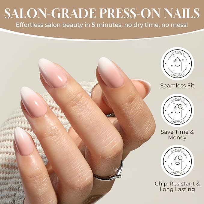 UNA GELLA Press On Nails Short Almond: Ombre Soft Gel Press Ons Kit with Nail Tips Glue on Nails, 16 Sizes - 32 Reusable Fake Nails, Pink Cream