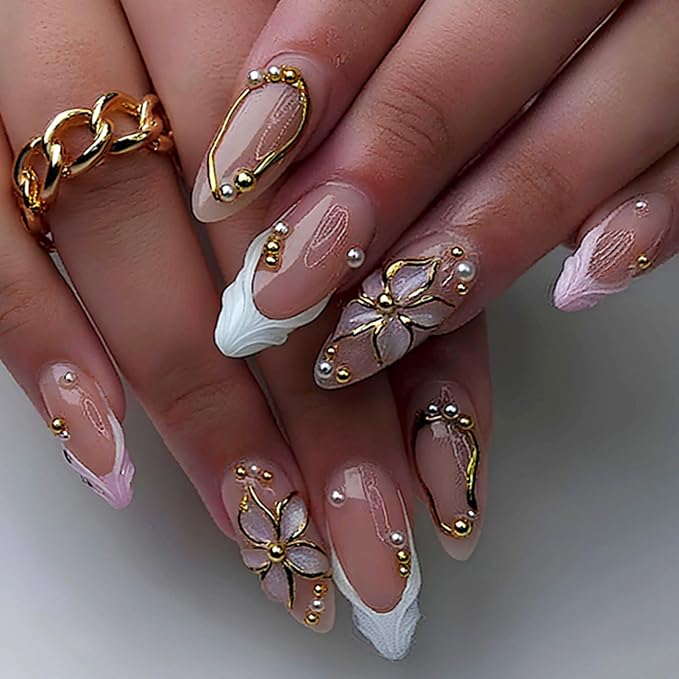 Press on Nails Medium Almond Fake Nails White French Artificial Nail with 3D Flowers Designs Stick on Nail for Women 24pcs
