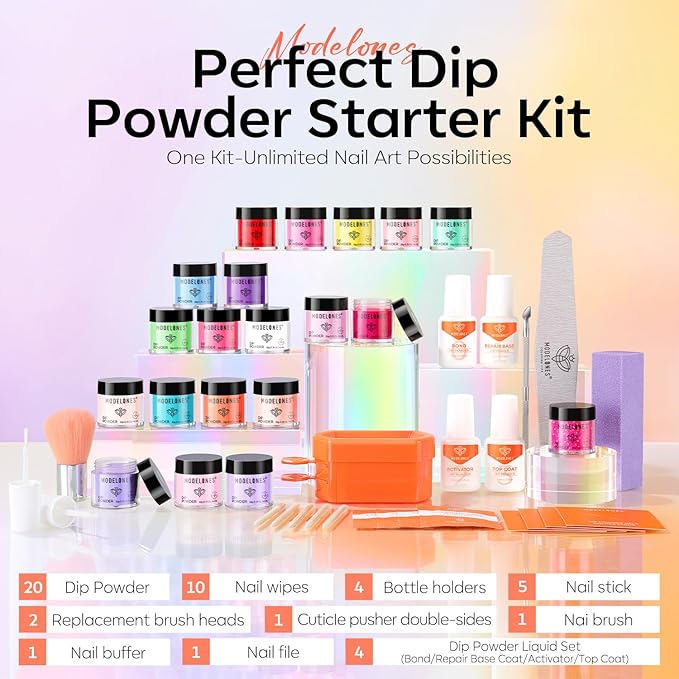 Modelones Dip Powder Nail Kit Starter, 20 Colors Summer Pink Green Purple Red Clear Dipping Powder Liquid Set Base&Top Activator for French Nail Art Salon DIY Manicure Kit