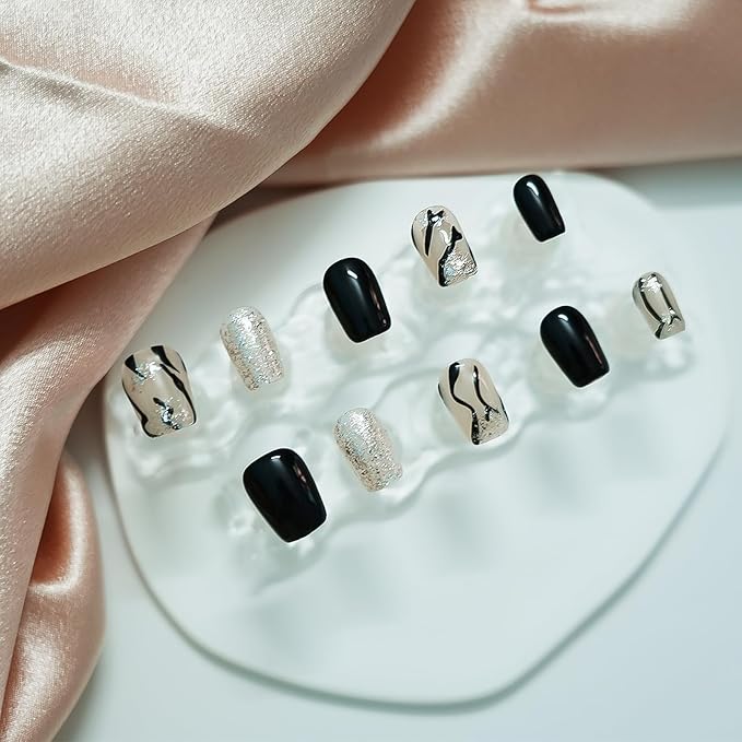 Marble Press on Nails, Handmade Short Coffin Black White 3D Glossy Acrylic Fake Nails Zebra Print with Silver Glitter Effects for Modern Art Nails (Zebra Stripe,M)