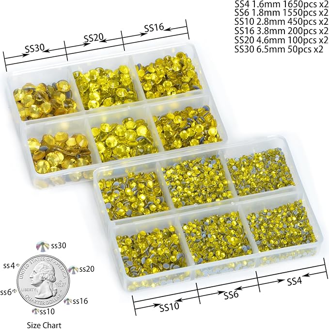 8000pcs Hotfix Rhinestones Flatback,Rhinestones for Crafts Clothes Mixed 6 Sizes, Hotfix Crystals with Wax Pencil Kit, SS4-SS30,Citrine