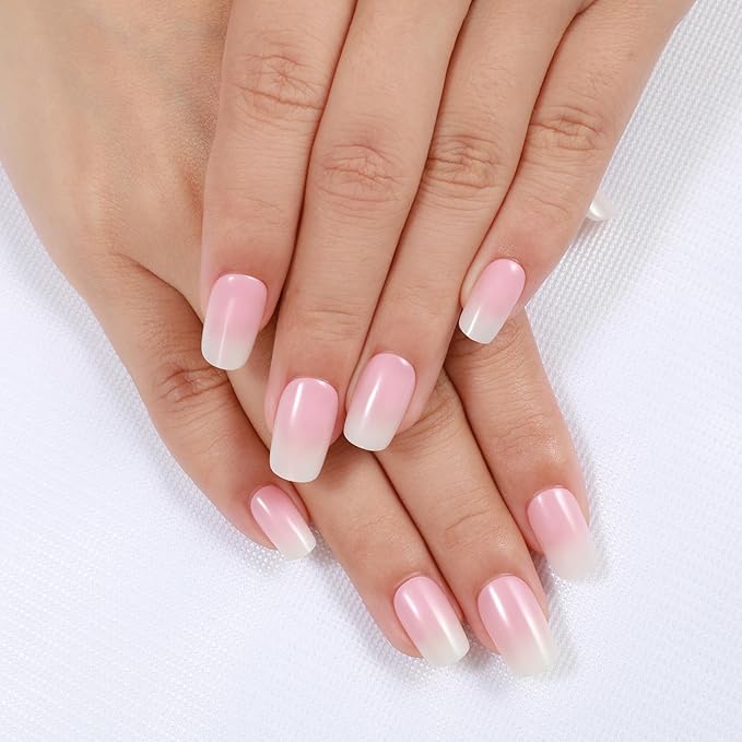 Rnker Press On Nails - Gradient Color, Short Square Top gel Nails with Bright Finish, 15 Sizes - 30 Nail Kit with Glue