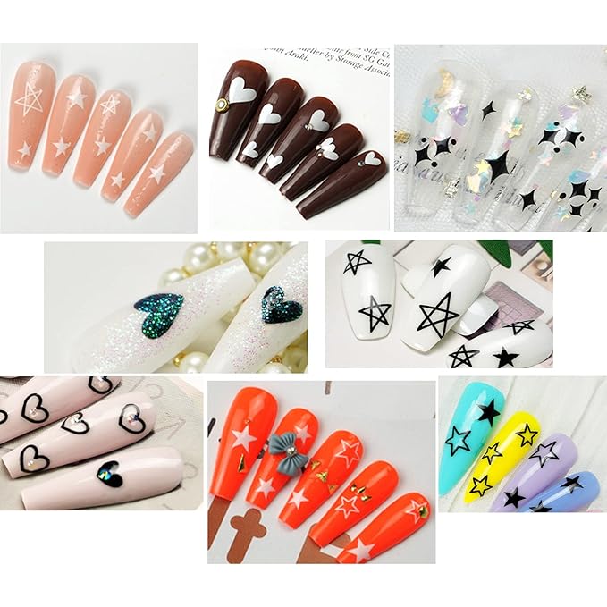 Black and White Hearts Stars Nail Stickers for Women Girls Kids Nail Decoration Self Adhesive Nail Art Decals for Natural Fingernails and Acrylic Nails Designs (Pack of 10)