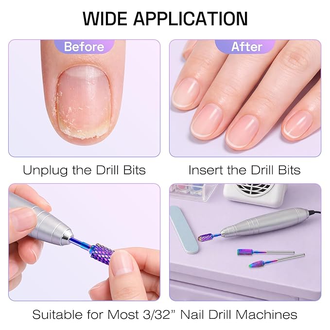Nail Drill Bits Set with Storage Case: 30pcs 3/32 Inch Carbide Diamond Ceramic Professional Salon Kit for Acrylic Nails, Multi-Function for Women Nail Artists Manicure Pedicure (Purple)