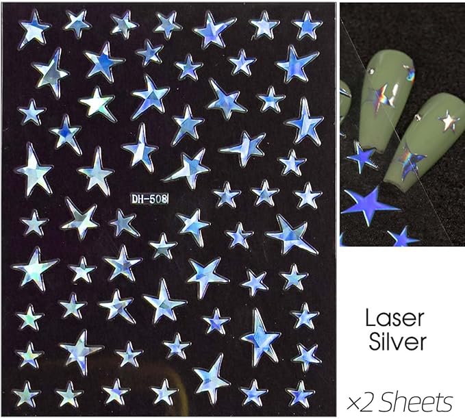 14 Sheets Star Nail Art Stickers, 7 Colors 3D Self-Adhesive Nail Decals with Gold Silver Black White Blue Pink Holographic Stars, 4th of July DIY Manicure Accessories for Women & Girls