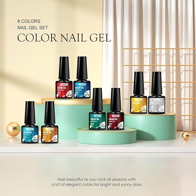 MTSSII Chrome Gel Nail Polish Set, 8 Metallic Colors: Silver, Gold, Red, Yellow, Green, Blue - UV/LED Glossy Mirror Effect Nail Gel for Home Salon DIY Manicure