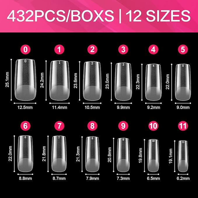 AIMEILI Square Fake False Nail Tips 432PCS Full Cover Nail Tips for Soak Off Nail Extension, Acrylic False Press on Nails with Box for Nail Art Salon and Home DIY, 10 Sizes