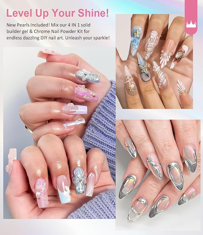 Solid Builder Gel and Chrome Nail Powder Kit BISHENGYF: 4 In 1 No Wipe 3d Sculpting Nail Gel Silver Aurora White Pearl Chrome Nail Powder Clear Non-Sticky Hand Extension Glue for Nail Decoration 30g
