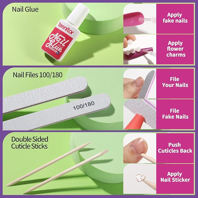 Teenitor Long Fake Nails Kit - 10 Colors Matte & Glossy, 4 Glitter Press On Nails