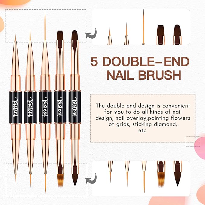 Yasterd Nail Art Brush Set Professional- 5pcs Double-Ended Nail Art Brushes for Long Lines, Thin Liner brush for Nails Detail, Nail Design Brush Ombre Brush 3D Brush Kits for Gel Polish Acrylic Nail Drawing