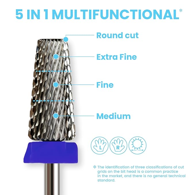 6.6mm Large Tapered Barrel 5-in-1 Nail Drill Bit, 3/32" Safety Cross-Cut Tungsten Carbide Efile Bit for Fast Gel & Acrylic Removal, Two-Way Rotation, Professional Nail Tech & Beginner Bit, Medium.